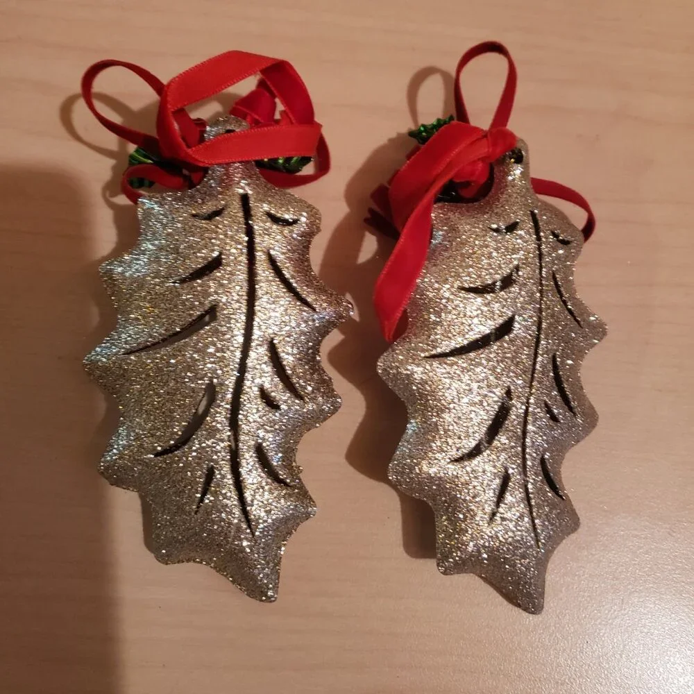 Pair Of Festive Sparkly Gold Leaf Christmas Tree Ornaments - Picture 3 of 3